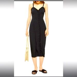 Topshop, NWT midi black button up dress with ruffle details, size 4-Never worn!